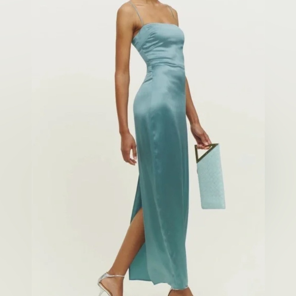 Reformation Teal Frankie Silk maxi  Dress Spaghetti Straps see pics for wear